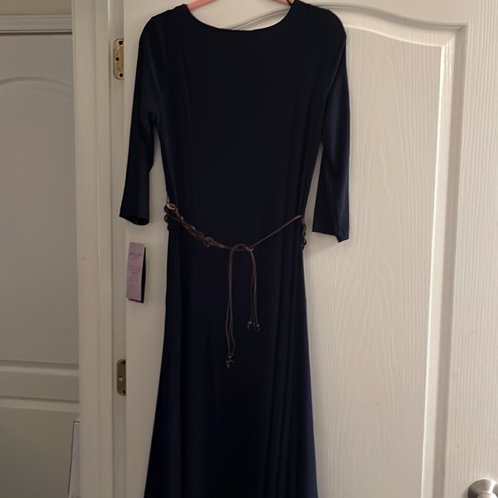 NWT Nina Lenord women’s maxi dress Blue with belt 3/4 length sleeves M stretch - Picture 3 of 6